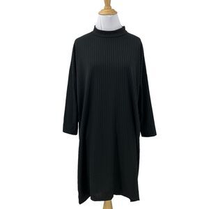 CENY Shift Dress Womens L Large Black Rib Knit Mock Neck 3/4 Sleeves Lightweight